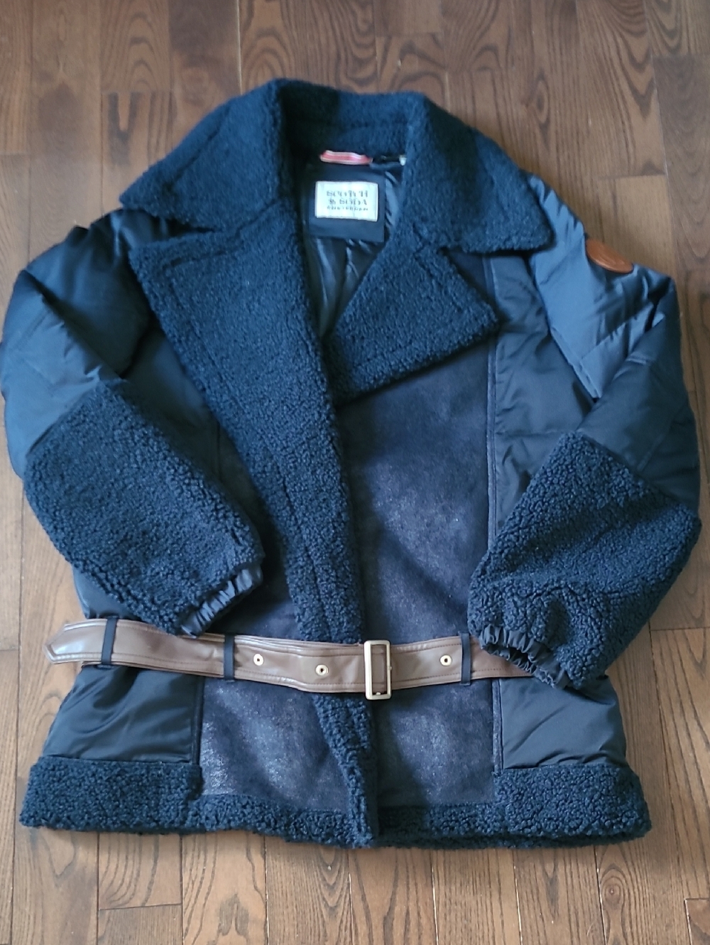 New Scotch and Soda women's Dark Navy Shearling Belted Jacket Size M